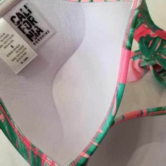 CALIFORNIA Sunshine‎ Large Swimtop Pink Green Palm leaf Tropical Ruffle - Picture 5 of 8